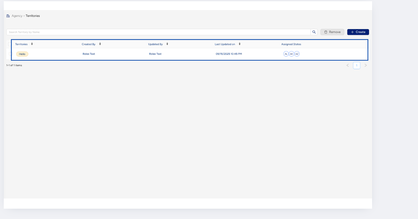 Territories list with new territory