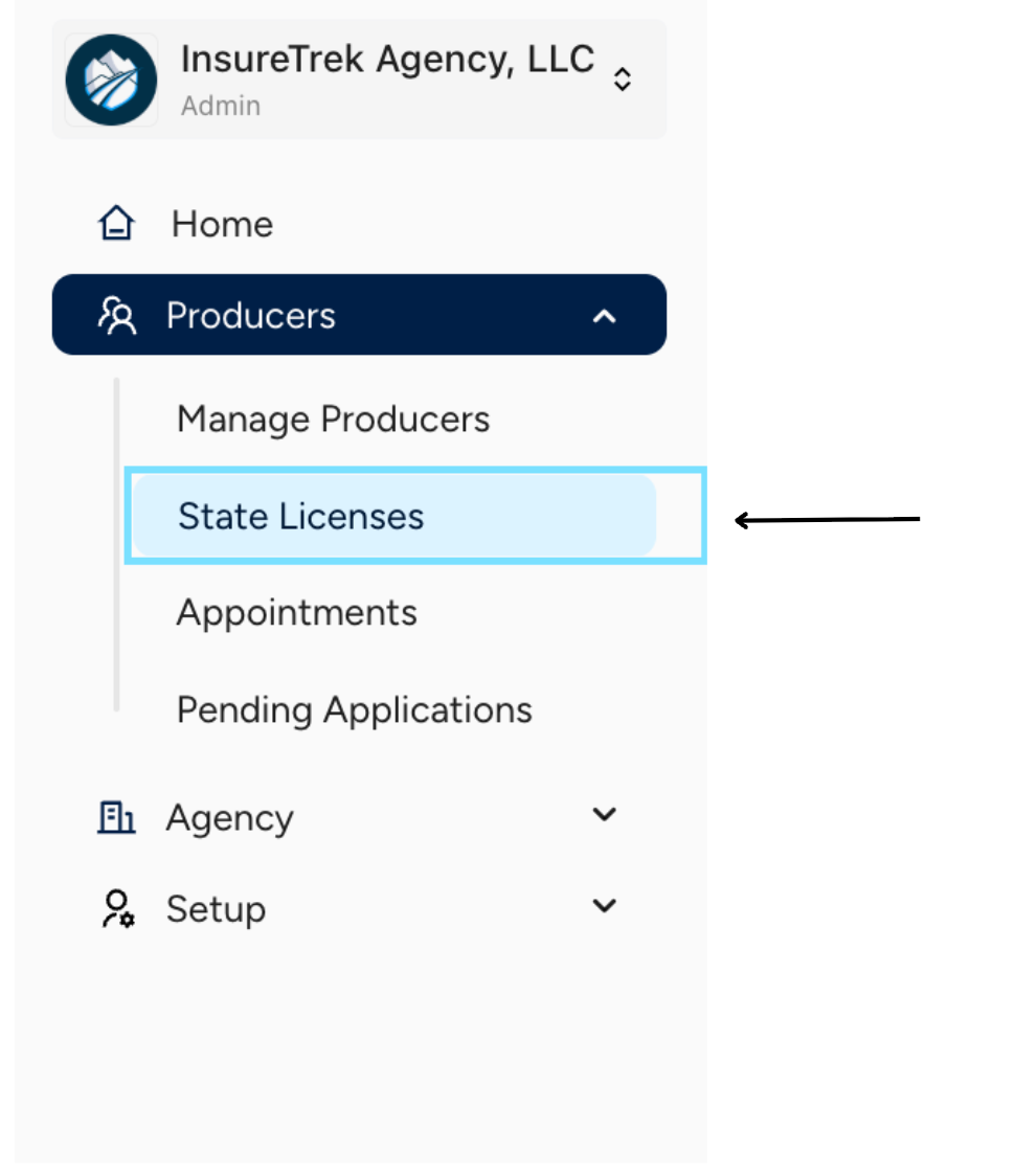 Producers menu with State Licenses option
