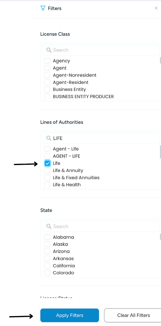LOA filter dropdown with LIFE selected