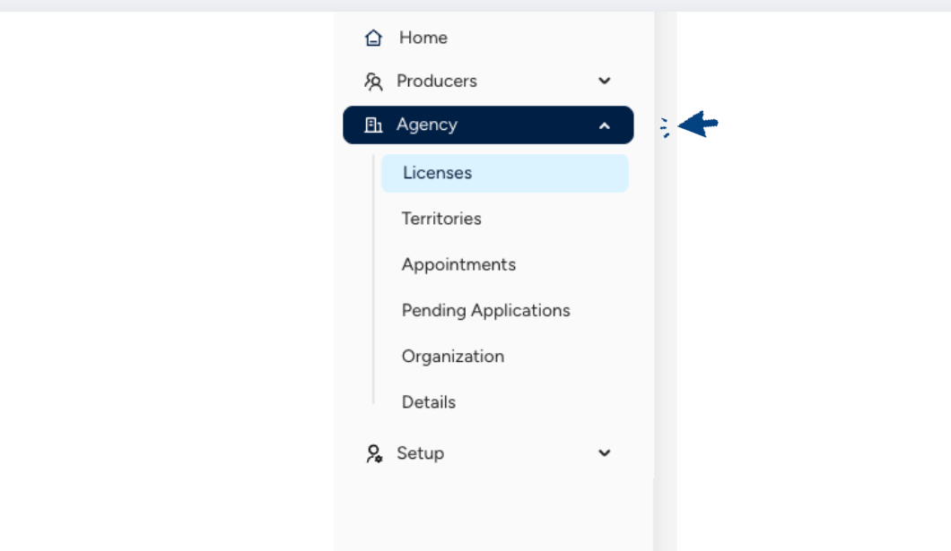 Agency Licenses menu
