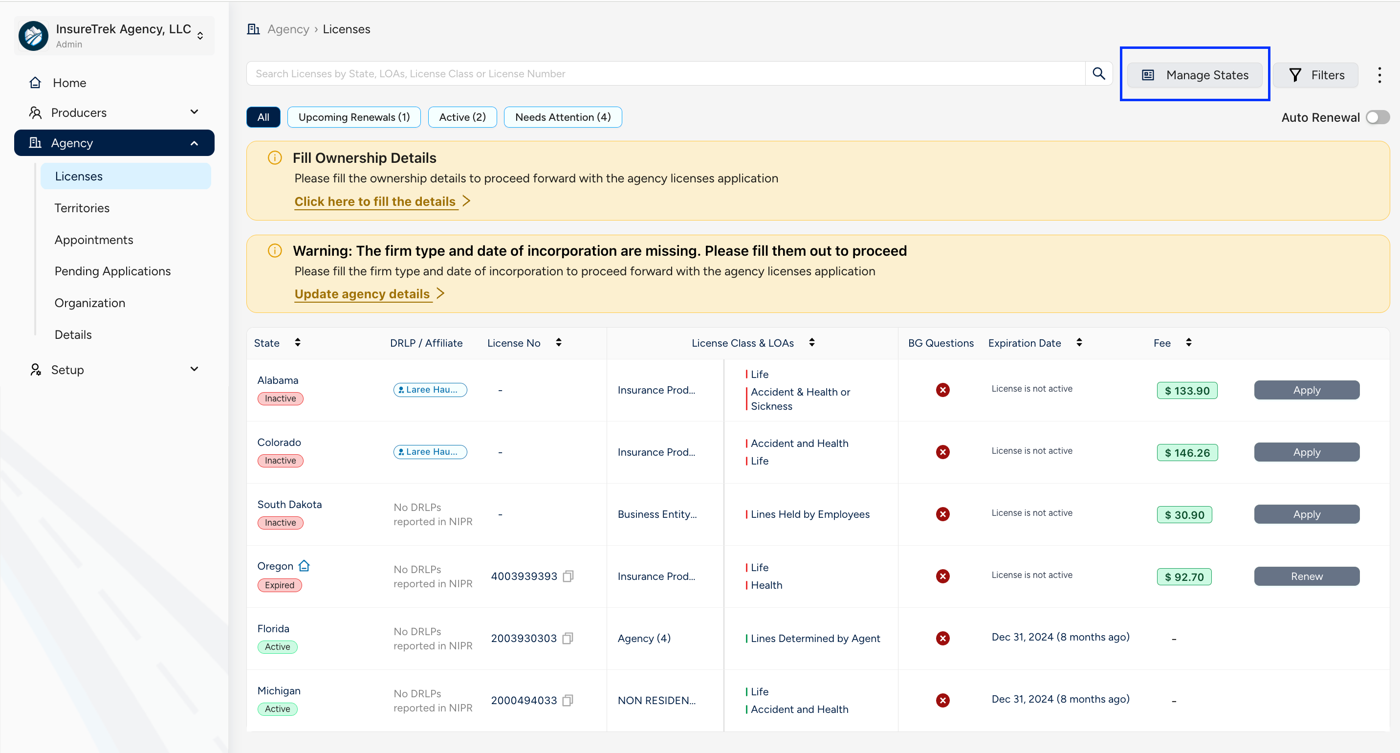 Manage States button